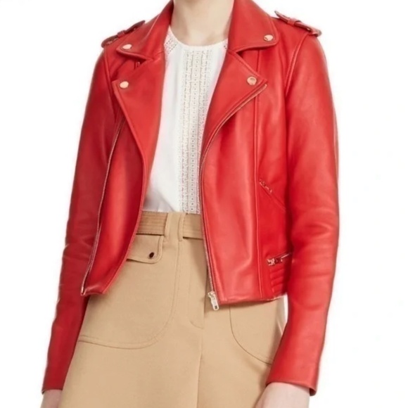 Maje Red Leather Jacket - size 36 NEW - Picture 1 of 4